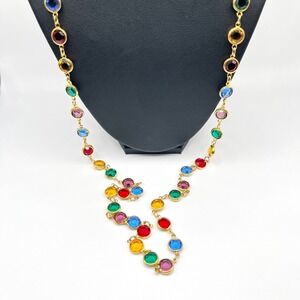 Vintage Signed Austrian Crystal Necklace Faceted Multicolor Stones 34"
